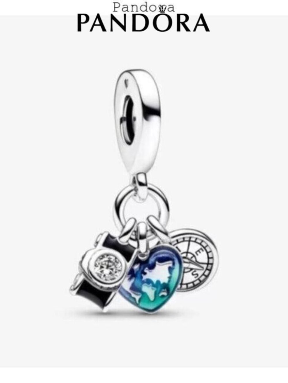 Pandora Camera, Heart & Compass Triple Dangle Charm